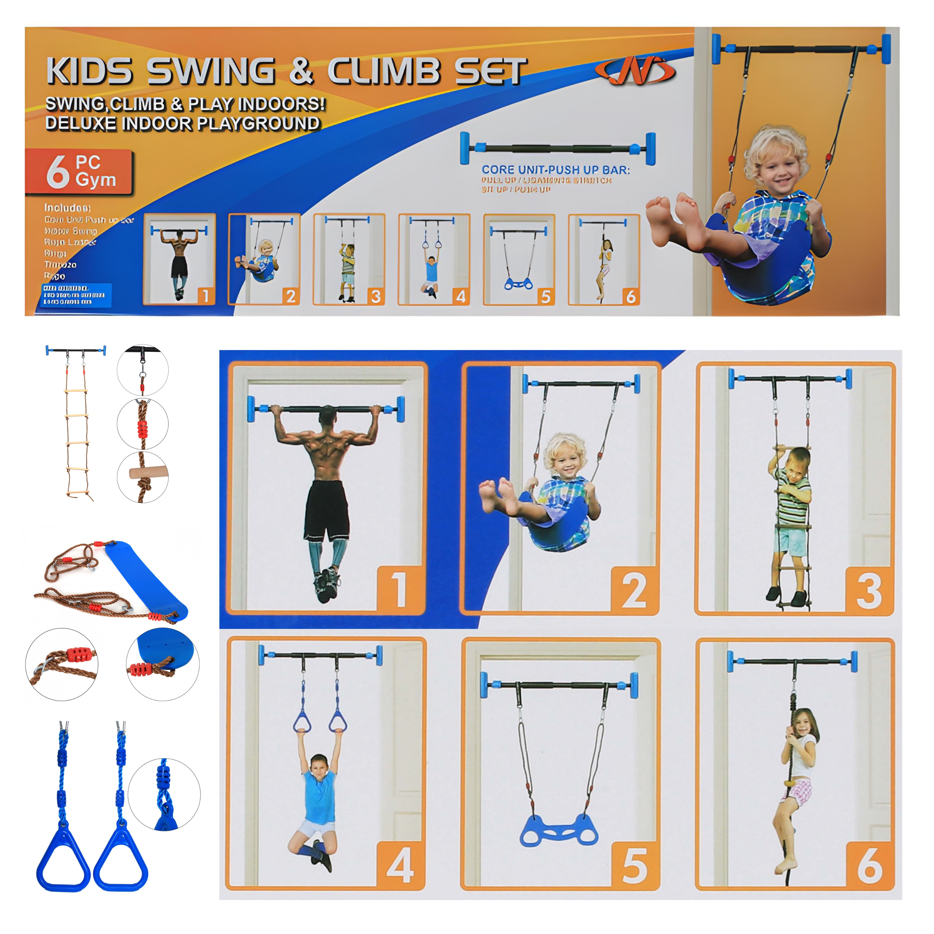 Indoor Swing & Climb Set 6 in 1 – Doorway Gym with Swing, Rings & Climbing Rope